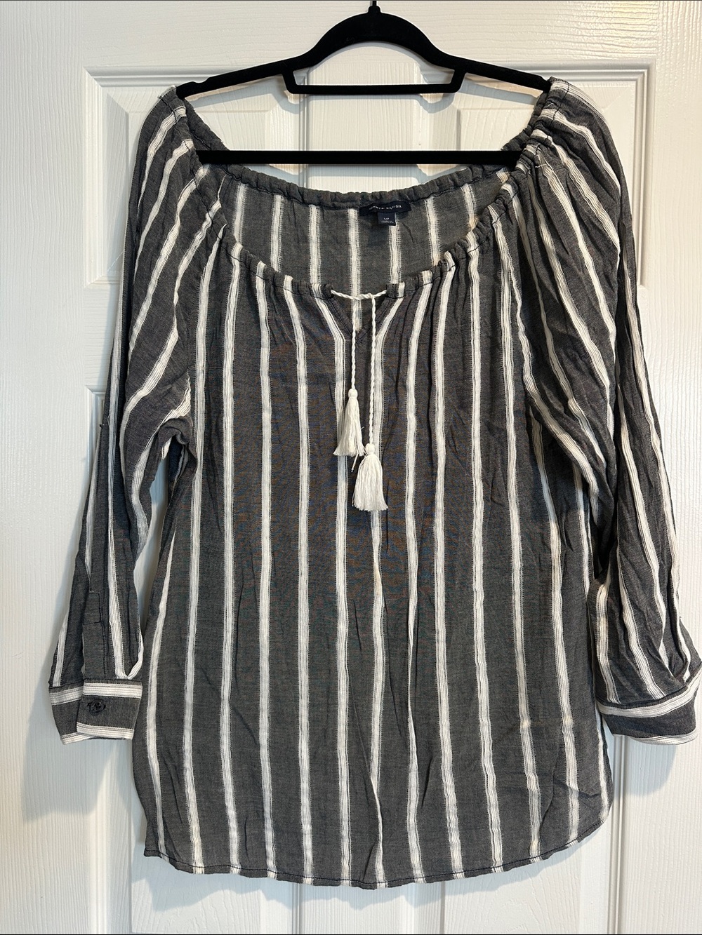 Tommy Hilfiger Charcoal and White Striped Off-Shoulder Tunic